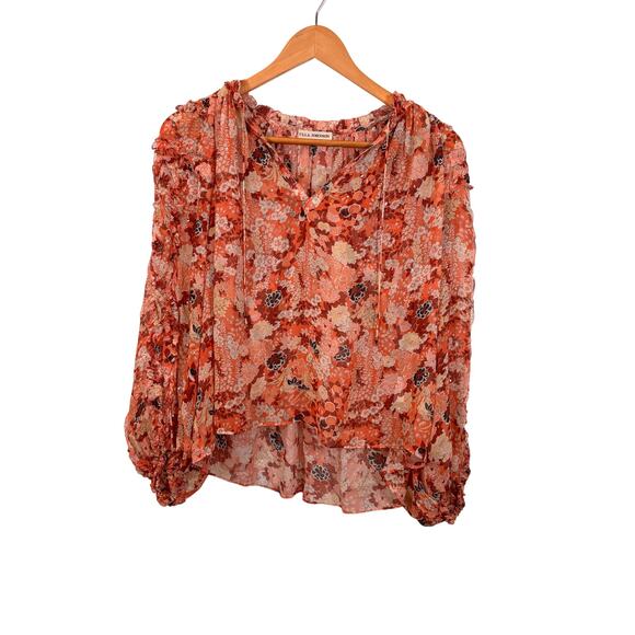 Ulla Johnson Adela Floral Silk Semi Sheer Balloon Sleeve Tasseled Top Women 2 - Picture 2 of 5